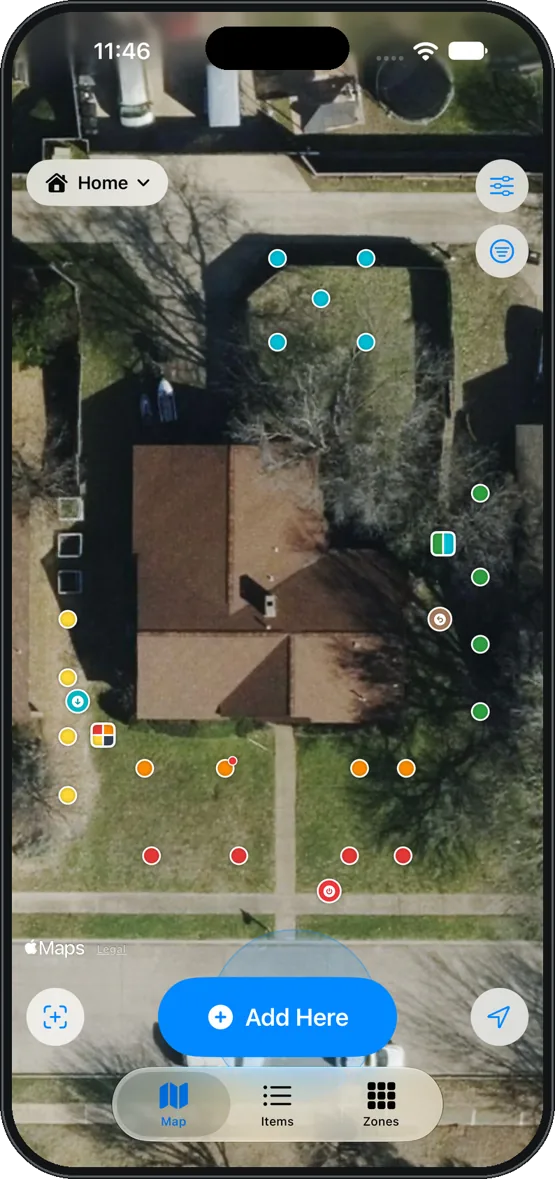 YardMap showing a yard with color-coded sprinkler heads and valve boxes