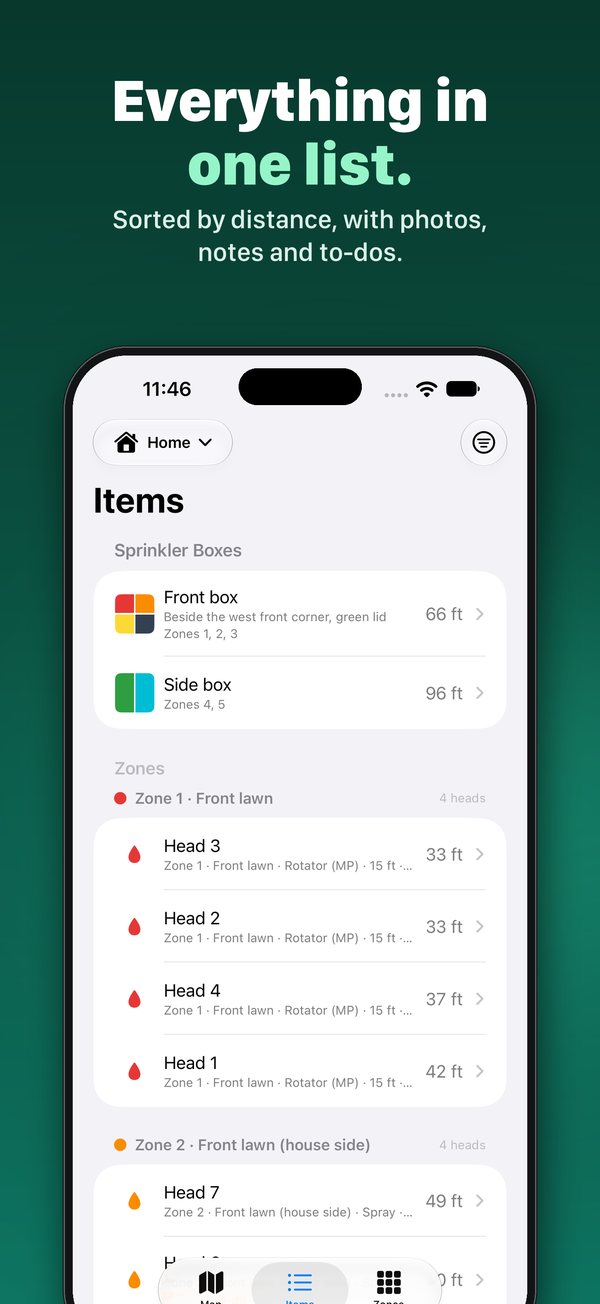 The items list, sorted by distance